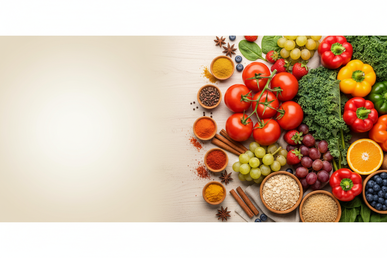 create a background image of 1440 X 200px with light background colors and in half right show grocery items. 