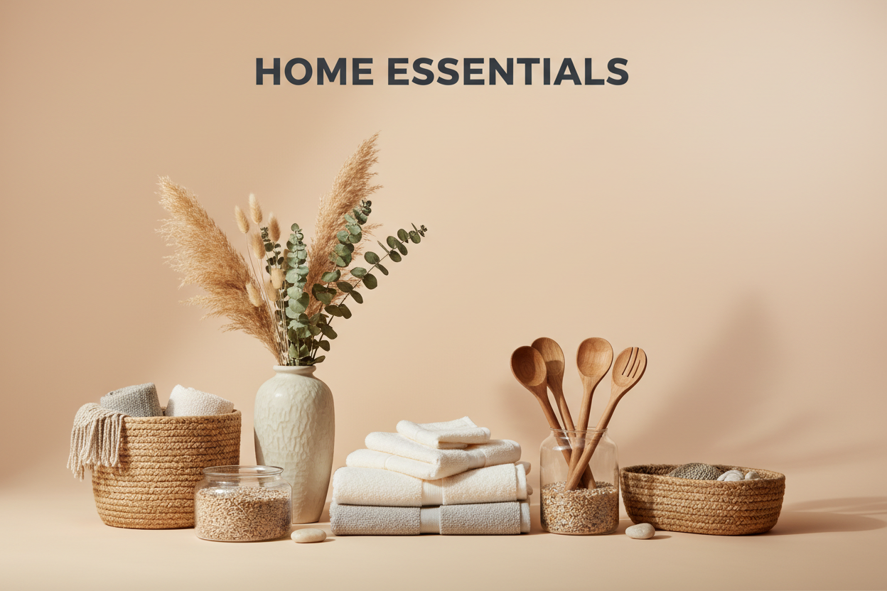 Create a minimal category banner image with a soft beige background.
Place realistic, fresh Home essentials items neatly at the bottom center with natural shadows.
Add the category title “Home essentials” at the top in bold, uppercase, modern sans-serif text.
Clean, premium, studio lighting. Do not copy the reference exactly.
