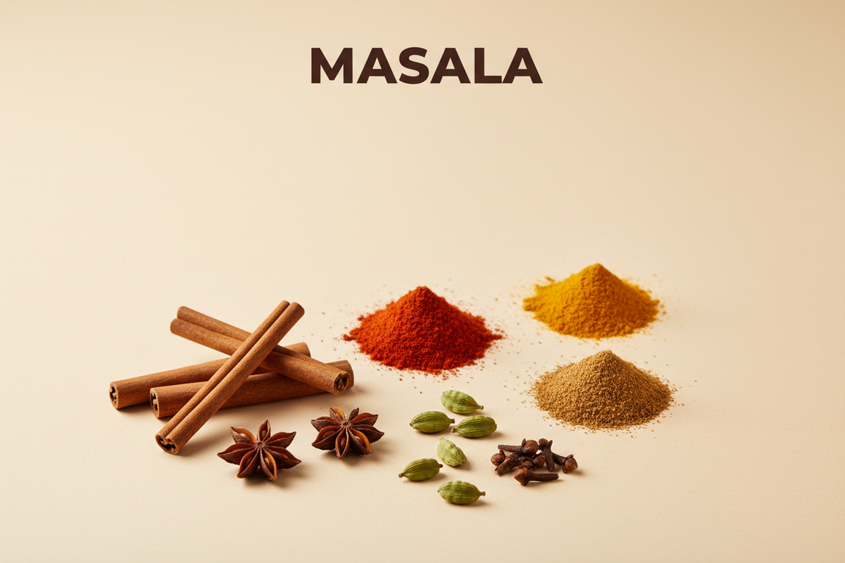 Create a minimal category banner image with a soft beige background.
Place realistic, fresh Masala items neatly at the bottom center with natural shadows.
Add the category title “Masala” at the top in bold, uppercase, modern sans-serif text.
Clean, premium, studio lighting. Do not copy the reference exactly.
