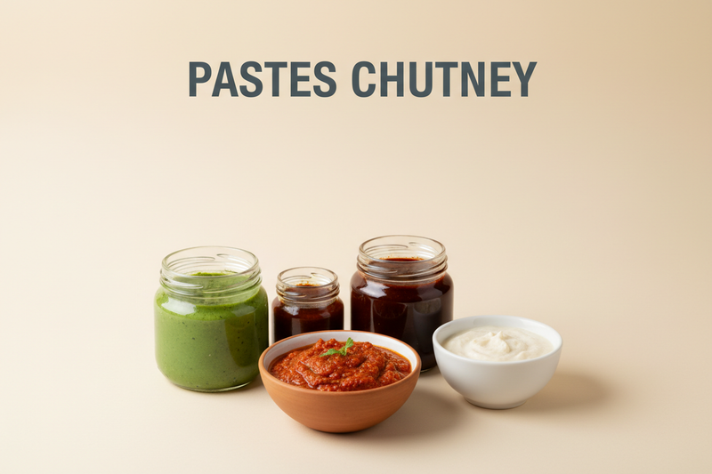 Create a minimal category banner image with a soft beige background.
Place realistic, fresh pastes chutney items neatly at the bottom center with natural shadows.
Add the category title “pastes chutney” at the top in bold, uppercase, modern sans-serif text.
Clean, premium, studio lighting. Do not copy the reference exactly.
