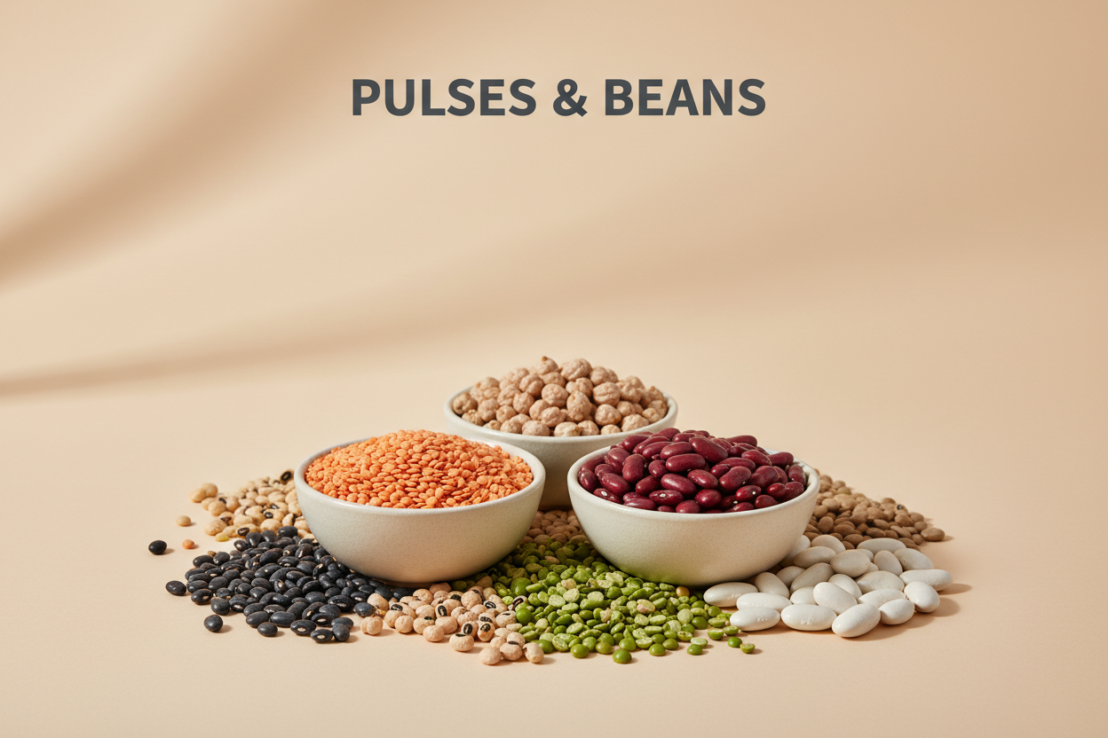 Create a minimal category banner image with a soft beige background.
Place realistic, fresh Pulses & beans items neatly at the bottom center with natural shadows.
Add the category title “Pulses & beans” at the top in bold, uppercase, modern sans-serif text.
Clean, premium, studio lighting. Do not copy the reference exactly.
